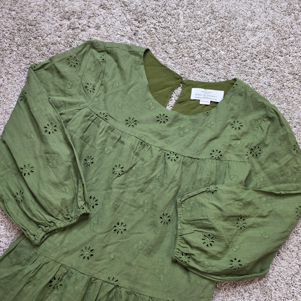 Trovata Birds of Paradis Eyelet Mini Dress Womens XS Green Tiered Puff Sleeve